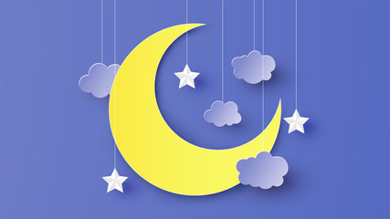 paper art of crescent moon decorated with star and cloud hanging down from the night sky. paper cut 