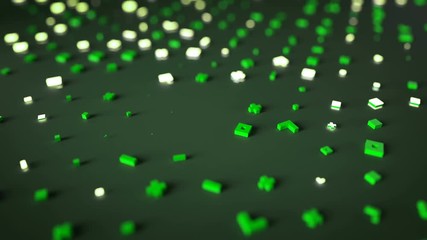 Wall Mural - Abstract random green symbols. Futuristic sci-fi concept. Seamless loop dolly shot animation. 3D render with depth of field 4k UHD 3840x2160