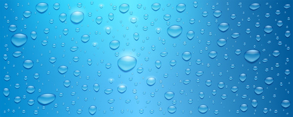 realistic water drops on blue background. three dimensional droplets, vector 3d illustration. textur