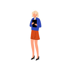 Sticker - Businesswoman Standing with Documents, Woman Professional Secretary, Assistant, Female Office Employee Vector Illustration