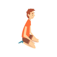 Sticker - Boy Sitting on His Knees, Happy Child on Summer Vacation Vector Illustration