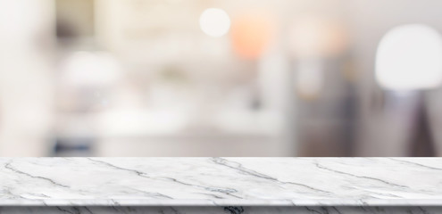 Empty white marble table top food stand with blur house kitchen background bokeh light,Mock up for product display or montage of design,Banner for advertise on online media.