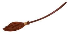 One Brown Broom With Long Wooden Handle, Witch Broomstick Isolated Illustration