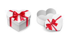White Cardboard Gift Boxes In Love Heart Shape With Sparkling Red Ribbon Bows. Realistic Container For Chocolate Candies Vector Illustration. Valentines Day Gift Packaging. Romantic And Lovely Present