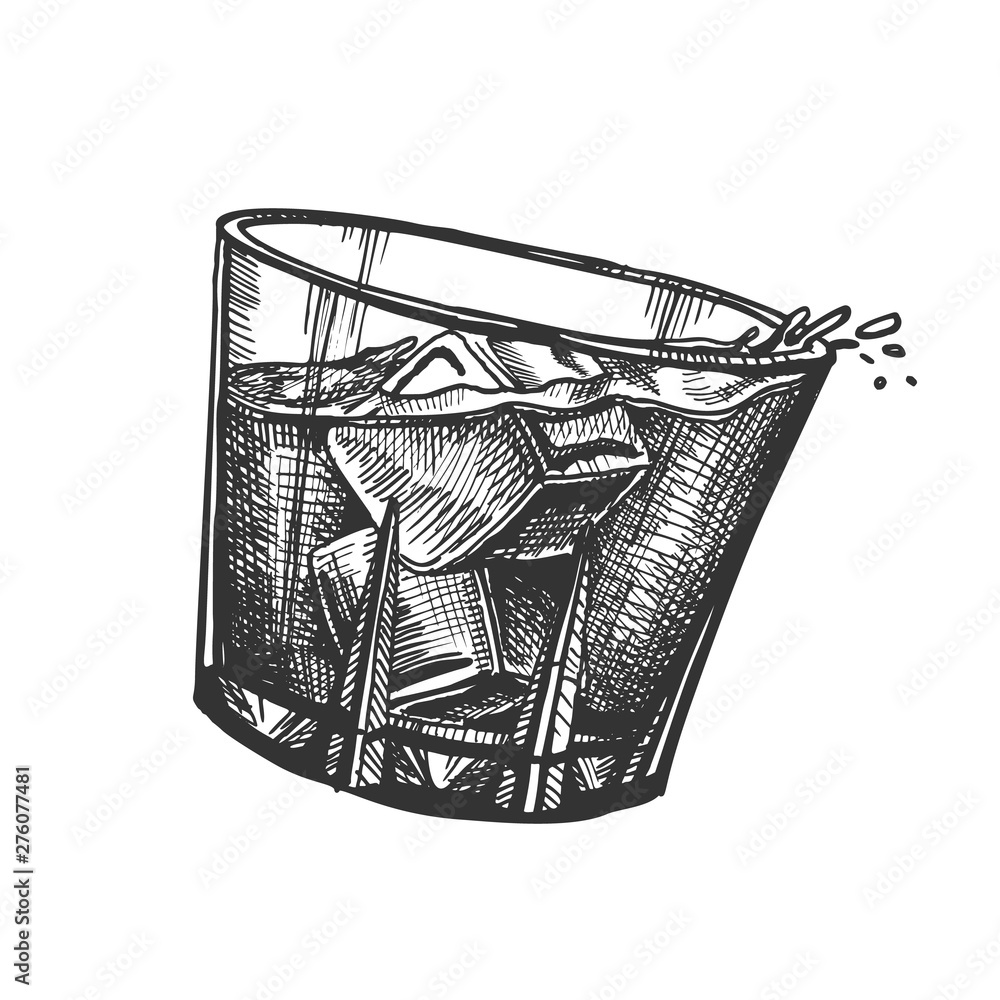 Design Glass With Whisky And Ice Cubes Vector. Hand Drawn Glass With Cold Irish Booze Distilled And Aging In Wooden Barrel. Mug Alcoholic Drink And Splash Template Cartoon Illustration - obrazy, fototapety, plakaty 