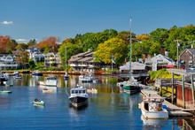 Fishing Boats Docked In Perkins Cove, Ogunquit, On Coast Of Maine South Of Portland, USA