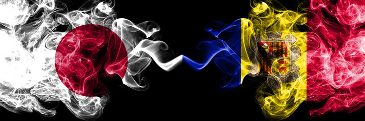 Japan vs Andorra, Andorran smoky mystic flags placed side by side. Thick colored silky smokes combination of Andorra, Andorran and Japanese flag