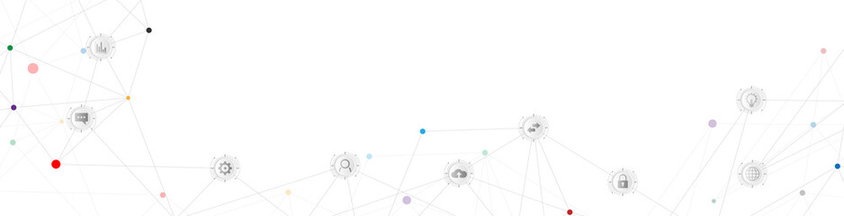 Website header or banner design with abstract technical background and connecting dots and lines. Digital technology and communication concept with flat icons.