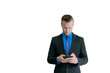 © godshutter - Portrait smart european businessman using smartphone doing his job on white background
