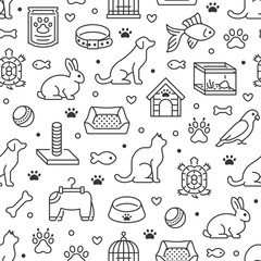 Pet shop vector seamless pattern with flat line icons of dog house, cat food, bird cage, rabbit, fish aquarium, animal paw. Black white color background, wallpaper for veterinary clinic