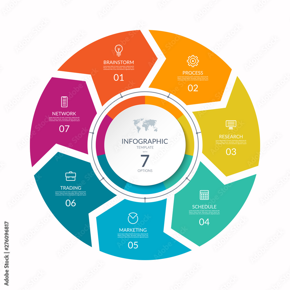 Infographic process chart. Cycle diagram with 7 stages, options, parts. Can be used for report, business analytics, data visualization and presentation. - obrazy, fototapety, plakaty 