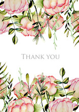 Card Template Of Watercolor Roses, Green Leaves And Branches, Hand Drawn On A White Background, Thank You Card Design
