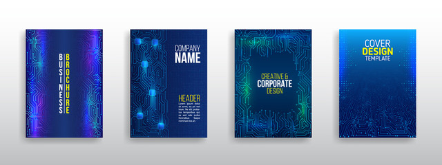 Technology modern brochure templates. Science and innovation hi-tech background. Flyer design of tech elements. Futuristic business cover layout.