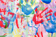 Color background of children's handprints. Multi colored hand prints
