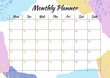 Creative monthly planner with pastel brushstroke on background. Stylish organizer and schedule. Planner template for print, office, school. Vector illustration.