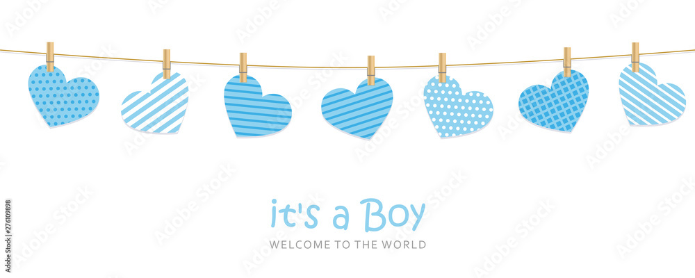 its a boy welcome greeting card for childbirth with hanging hearts vector illustration EPS10 - obrazy, fototapety, plakaty 