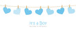 its a boy welcome greeting card for childbirth with hanging hearts vector illustration EPS10