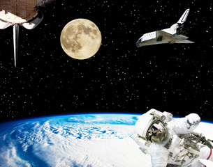 Astronaut, spaceships and moon. Earth on the backdrop. The elements of this image furnished by NASA.