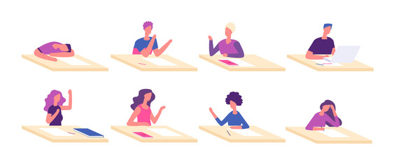 Wall Mural - Student at desks. Students learning sitting desk pupils children studying at tables school test college lesson vector characters. Student character boy and girl, pupil teenage education illustration