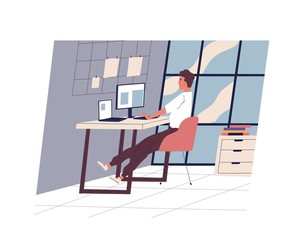 Wall Mural - Cute funny man sitting at desk and working on computer at modern office. Young professional or male employee at workplace. Daily routine, everyday life. Flat cartoon colorful vector illustration.