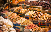 Food Tea And Different Ingredients On Shelf Of Night Market Street Shops