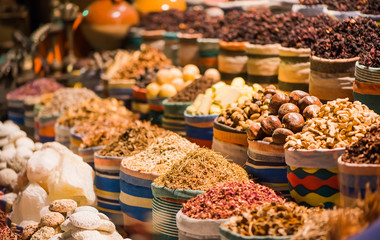 food tea and different ingredients on shelf of night market street shops