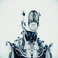 Sticker - Futuristic robotic wired pilot with visible steel brain inside, 3d rendering