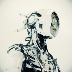 Sticker - Futuristic robotic wired pilot with visible steel brain inside, 3d rendering