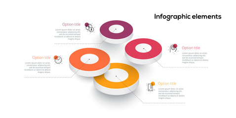 Wall Mural - Business process chart infographics with 4 step circles. Circular corporate workflow graphic elements. Company flowchart presentation slide template. Vector info graphic design.