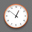 © iaroslavka - Orange and white wall office clock icon with numbers. Design template vector closeup. Mock-up for branding and advertise isolated on transparent background. Realistic round clock-face dial.