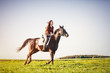 Woman riding a horse on a grass field.