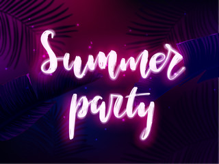 Wall Mural - Dark blue and violet tropical party design with palm leaves and neon letters. Summer night vector illustration.