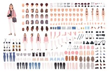 Girl Photographer Or Photo Journalist DIY Kit Or Constructor Set. Collection Of Body Parts, Clothes, Accessories. Cute Female Cartoon Character. Front, Side, Back Views. Flat Vector Illustration.