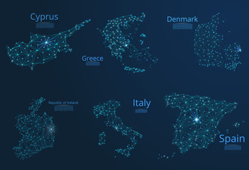 Map of communication networks of 6 countries of Europa. Vector poly image of a global map with lights in the form of cities or population density, consisting of points and shapes in the form of stars.