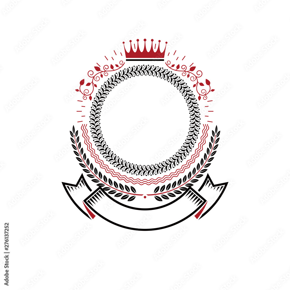 Graphic emblem made with imperial Crown, elegant ribbon and laurel ...