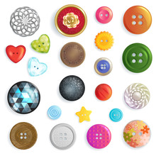 Sewing Button Vector Fashion Design Clothing Accessory Tailor Collection Illustration Set Of Colorful Kids Plastic Cloth Round Object Heart Star To Sew Clothes Dress Isolated On White Background