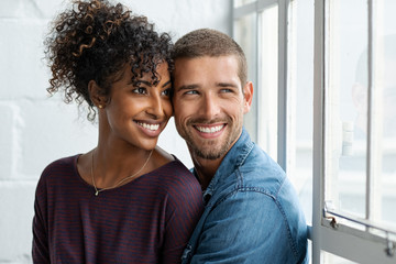 loving multiethnic couple thinking