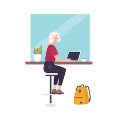 Cute smiling woman sitting at cafe and working on laptop computer. Funny young professional or female freelance worker at coffee shop. Busy girl. Flat modern cartoon colorful vector illustration.