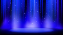 Empty Blue Scene With Dark Background, Place Lit By Soft Spotlight, Shiny Sparkling Particles. Blue Background With Soft Glow. Vector Illustration