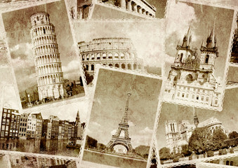 Sticker - Vintage travel background with retro photos of european landmarks