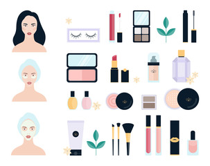 Wall Mural - Cosmetics set. Collection of makeup brush and lipstick