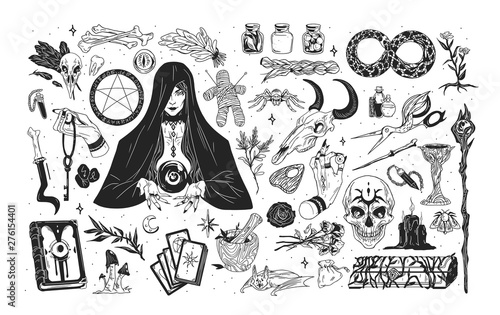 Photographie Witchcraft set - witch or enchantress and mystical items for wizardry, enchantment, astrology and clairvoyance hand drawn with black contour lines on white background