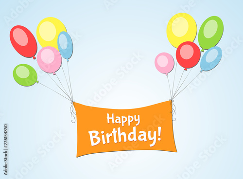 Orange Banner Happy Birthday With Bright Balloons Against A Blue