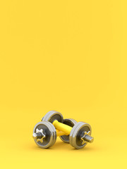 Two shiny iron isolated dumbbells. 3D rendering