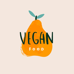 Vegan food. Juicy pear. Vegan, fresh, bio, raw, eco, organic and healthy logo. Hand drawn vector colored trendy illustration. Flat design