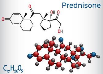 Wall Mural - Prednisone molecule. A synthetic anti-inflammatory glucocorticoid derived from cortisone. Structural chemical formula and molecule model