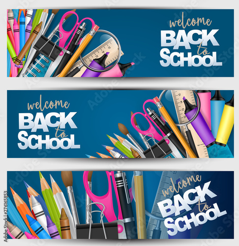 Welcome Back To School Banner Set With Supplies For Study