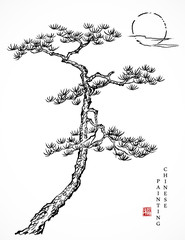 Wall Mural - Watercolor ink paint art vector texture illustration Chinese pine tree and sunset. Translation for the Chinese word : Blessing