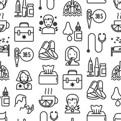 Wall Mural - Flu and symptoms seamless pattern with thin line icons: temperature, chills, heat, runny nose, bed rest, pills, doctor with stethoscope, nasal drops, cough, phlegm in the lungs. Vector illustration.