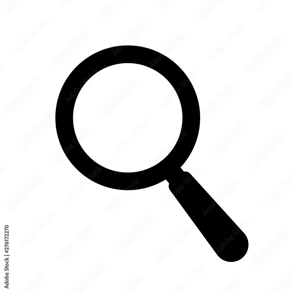 Black magnifier icon for search bar design. Vector magnifying glass icon.